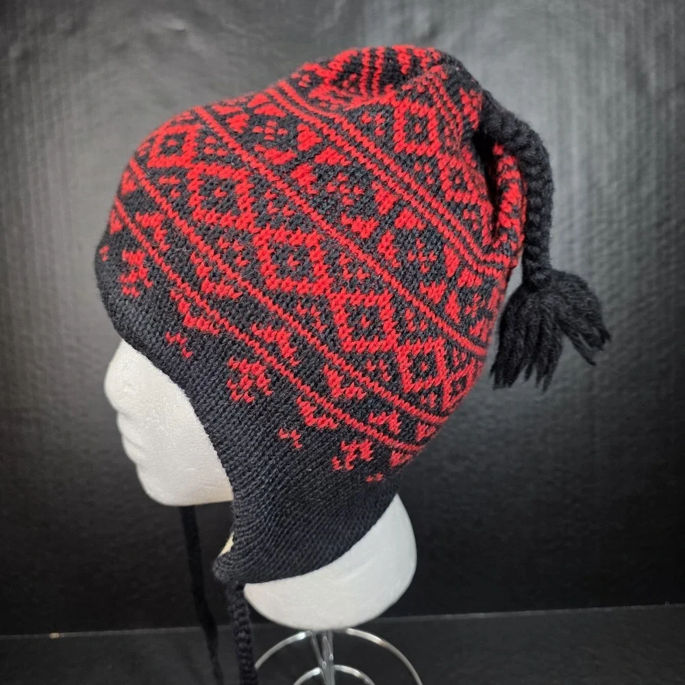 Smiley Brand Youth Size Black Red Aviator Style Winter Hat, Tassels Big Kids OS